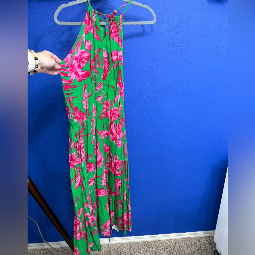 Tropical Green and Pink Halter Dress w/ pockets
